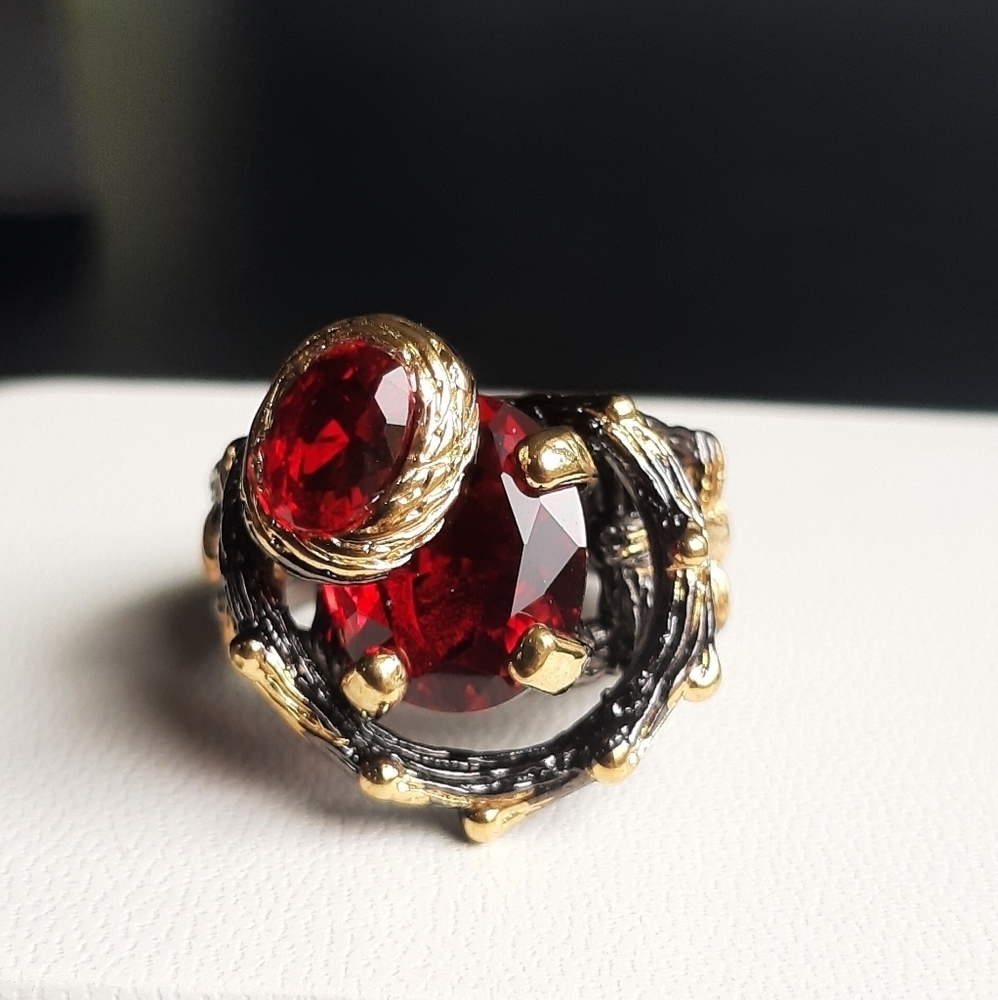 Bold Ruby Gold Chunky Black Ring NEW
